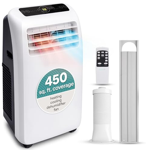 SereneLife Portable Air Conditioner with Heat & Built-in Dehumidifier 10,000 BTU, Portable Heater & AC for Rooms up to 450 Sq Ft - Remote Control & Window Mount Exhaust Kit Included