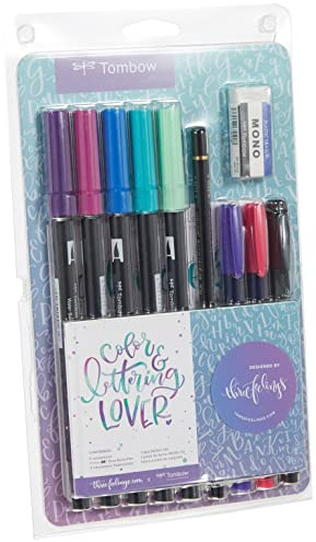 Tombow - Set Lettering Three Feelings , Establecer letras a mano con Rotuladores de Colores, Blender, Lápiz y Goma de Borrar