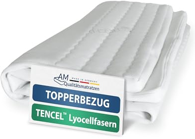 AM Qualitätsmatratzen Lyocell Topper Bezug 90x200 4-6 cm Kernhöhe - Made in Germany & Oeko-TEX Siegel - Allergiker Topperbezug 90x200cm mit Anti-Rustch Unterseite & 4-seitigem Reißverschluss