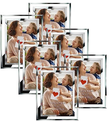 7x5 Photo Frames, Mirrored Glass Picture Frame 5 by 7 for Tabletop Display Horizontally or Vertically, 6 Pack