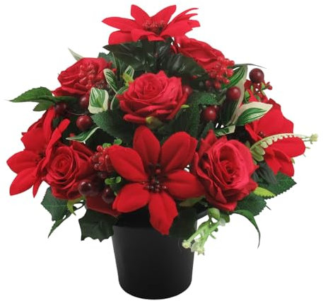 Artificial Christmas grave flower arrangement in grave pot/vase with red poinsettias,red roses and berries - 24cm (9.5 inches) tall - Long Lasting grave flowers for cemetary crematorium (Grave Pot)