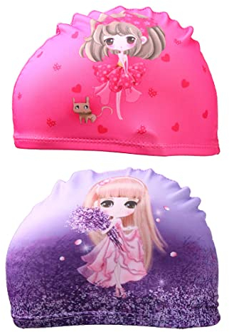 SCJJZ Badekappe mädchen,Badekappe mädchen Lange Haare,Badekappe Kinder,schwimmkappe Kinder,Badekappe,Jungen Mädchen Baby Kinder Cartoon Badekappe Stoff Badekappe (Rosa, Lila)