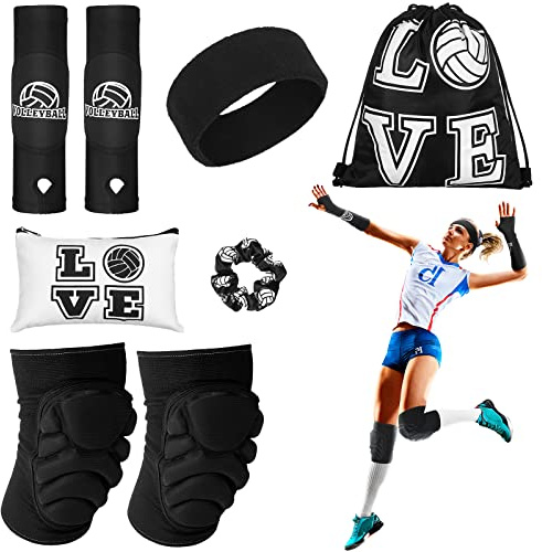 Vabean 8 Pcs Volleyball Accessories,Include Volleyball Arm Sleeves Knee Pads Sport Hair Scrunchies Sweat Band Drawstring Bag Cosmetic Bag Wrist Guard Knee Brace(Medium,Black)