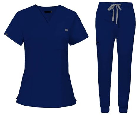 LOVIVER Uniforms Scrub Set Short Sleeve Nurse Top Pants Suit Modern V Neck Scrub Top Female Stretch Nursing Work suits for Healthcare, S, Blue