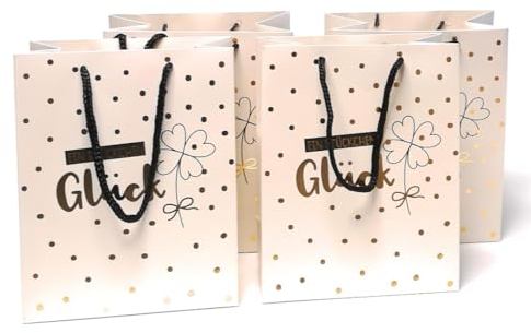 4 Stück Premium Geschenktaschen Creme - Gold á 23x18x10 cm Geschenktüte Papiertüte - Ein Stückchen Glück -
