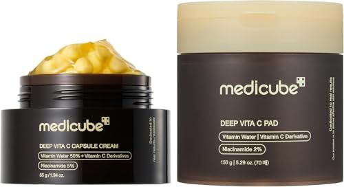 medicube Routine Éclat Vitamine C: Vita C Intense Pads (70 Pads) & Crème Capsules Vitamine C intense- 55ml | Fermeté & Rebond | Éclat doré | Idée Cadeau Femme
