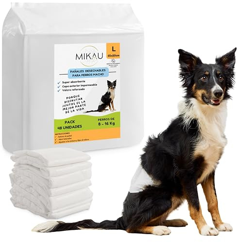 MIKAU - Pannolini per cani maschi ultra assorbenti (confezione da 48), vestibilità anti-perdite, comodi e resistenti, facile da posizionare. Incluso il rotolo del sacchetto per la cacca