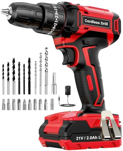 Cordless Drill 21V, LEEIKOO Electric Drill 42N.m, 25+3 Torque Set, 2-Speed, LED Light, 2.0AH Battery, 24PCS Cordless Hammer Combi Set for Home and Garden DIY Project - Red