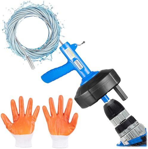 EffektWerk - Drain Auger Drill Attachment with 7.6 m Plumbing Snake, Gloves, and Storage Bag - Pipe Clog Remover for Bathtub, Bathroom/Kitchen Sink and Shower Drains