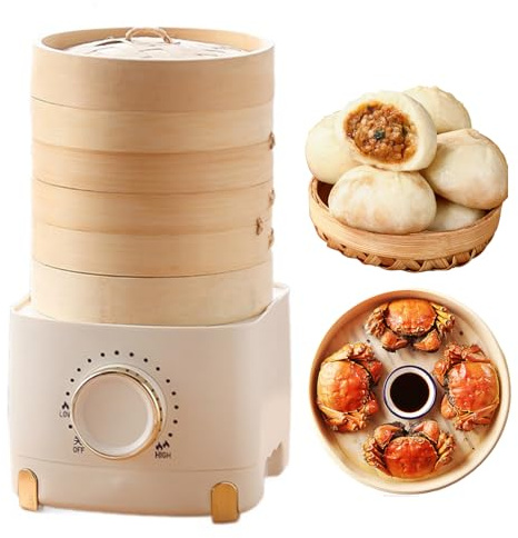 Vaporiera elettrica in bambù a 3 livelli, 350 W per alimenti sani con pentola da 800 ml e manopola di controllo regolabile, design facile da pulire per verdure, gnocchi e carne