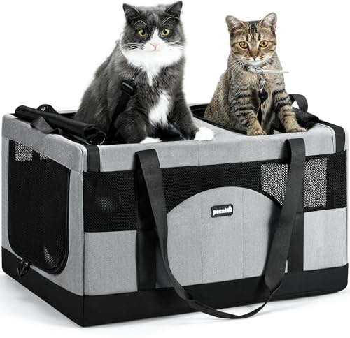 pecute Katzentransportbox für 2 Katzen Katzentasche Transporttasche Stabiler Haustier Tragetasche, Transportbox Katze Faltbar Tasche für Katzen und kleine Hunde Reisen, Grau