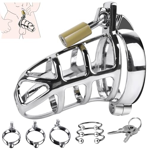Male Chastity Cock Cage Sex Toys for Men, Large Chastity Device with 3 Active Sizes Rings 3 Metal Cock Rings 2 Keys, BDSM Bondage Adult Toys for Couples Men Penis Exercise and Abstinence