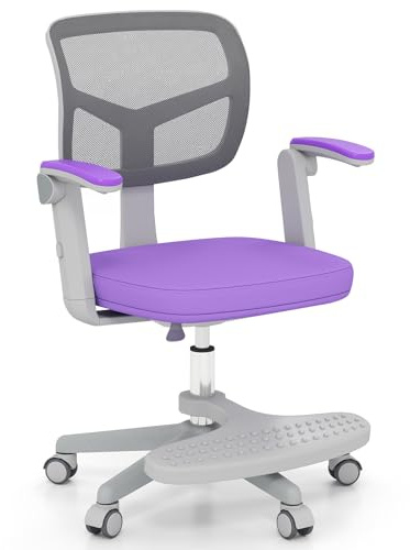 COSTWAY Kids Computer Desk Chair, Ergonomic Children Task Study Chairs with Lumbar Support, Adjustable and Swivel Mesh Chair for School Home Office (with Footrest, Purple, 57 x 55 x 80-91cm)