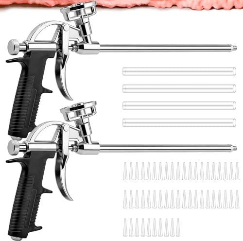 2 pistolas de espuma de poliuretano, juego profesional de pistola de espuma de construcción, con 54 boquillas (4 largas + 50 cortas), pistola de espuma de poliuretano para sellar, rellenar y montar