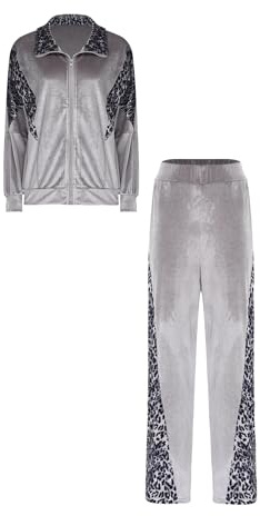TiaoBug dam sammet joggingdräkt med huva sportdräkt leopardtryck träningsoverall långärmad dragkedja fram sweatjacka och sweatbyxor, GRÅ, 3XL