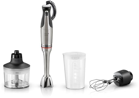 Bosch - Batidora de mano, serie ErgoMaster 8, motor de 1500 vatios, ajuste intuitivo de la velocidad, cuchilla de 6 hojas, accesorios incluidos, acero inoxidable, MSM8M934