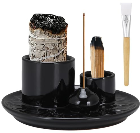 Cuenco de incienso de cerámica para incienso, soporte negro para varillas de incienso con cepillo, juego para cualquier incienso Palo Santo Holder, Sage Burner, Home Decor Candle Holder Meditación y