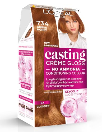 L’Oréal Paris Casting Crème Gloss Semi-Permanent Hair Dye, 734 Amber Honey | No-Ammonia, Radiant & Natural Colour, Lasting 32 Washes, 3x Glossier, 4x Silkier, Visibly Healthier, Easy Application