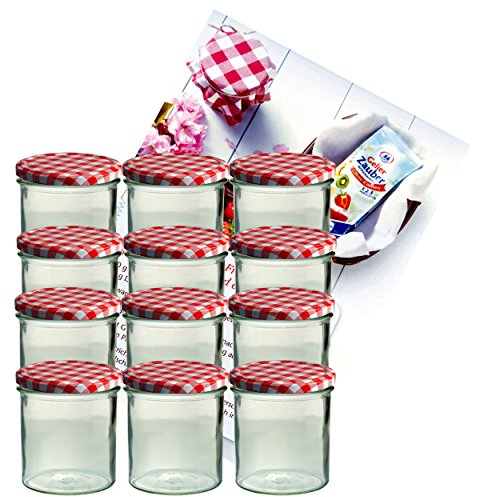 MamboCat 12er Set Sturzglas 350 ml Marmeladenglas Einmachglas Einweckglas to 82 rot Karierter Deckel incl. Diamant-Zucker Gelierzauber Rezeptheft