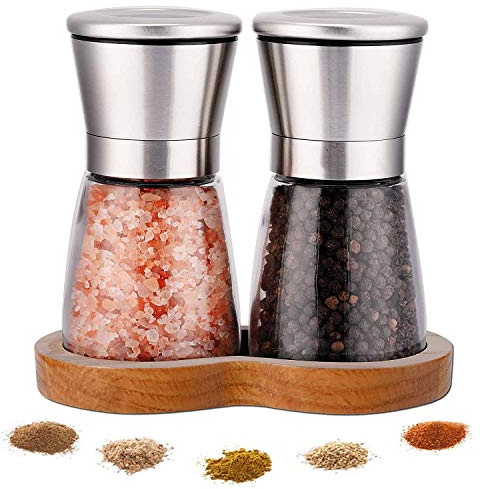 LessMo Salt and Pepper Grinder Set with Wooden Standing Tray, Refillable Pepper Mill Set - Brushed Stainless Steel - Short Glass Shakers with Adjustable Coarseness for Peppercorn, Salt or Spice Mills