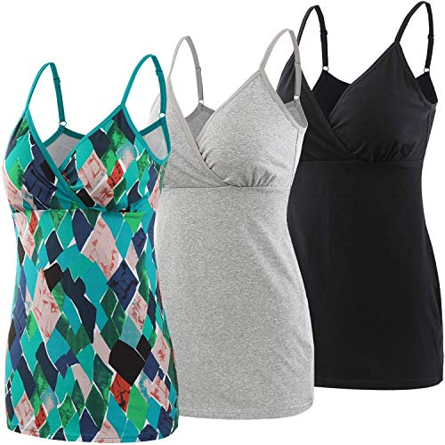 ZUMIY Abbigliamento Premaman Top, Donna maternità Top prémaman T-Shirt Gravidanza Allattamento Top (S, Black+Grey+Green Pattern/3-pk)