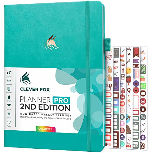 Clever Fox Planner PRO 2nd Edition – Undated Weekly Agenda for Tasks & Time Management – Life Organizer with To-do List, 21.5x28cm (Turquoise)