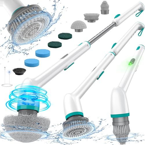 LyriFine Elektrische Reinigungsbürste, Neue Vollkörper-IPX7-Wasserdichte Electric Cleaning Brush, Elektrische Reinigungsbürste Haushalt mit langem Griff,2 Geschwindigkeiten, Ersatzköpfe für Badezimmer