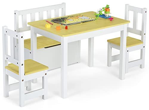 LIFEZEAL Ensemble Table et Chaises pour Enfants, Table Enfant avec 2 Chaises, Banc de Rangement, Table Chaise en Bois, 3-7 Ans, Charge 80/50 kg, Naturel + Blanc