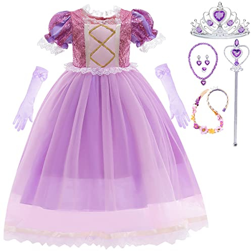 Snyemio Vestito Principessa Viola Bambina Abito Costume per Carnevale Halloween Natale Compleanni con Accessori, 3-4 Anni