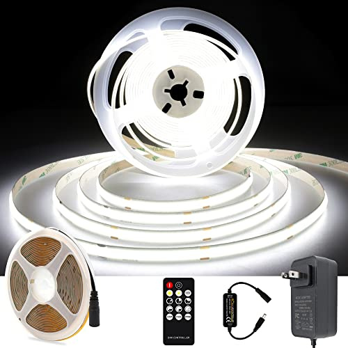 AXMOTUT Striscia LED COB 5 metri 24V, Striscia LED Bianco Freddo 6000K, 320LEDs/m, Larghezza 8mm, CRI90+, con Alimentatore, Telecomando RF, luci led per Cucina, Soggiorno, Feste, Bar
