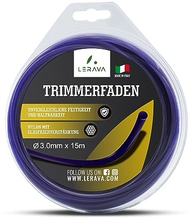 LERAVA® Fil debroussailleuse 3mm renforce – ⌀3mm x 15 m – Fil Coupe Bordure Robuste et Durable – Nylon renforcé avec Fibre de Verre – Bobine de Fil debroussailleus 100% fabriqué en Italie