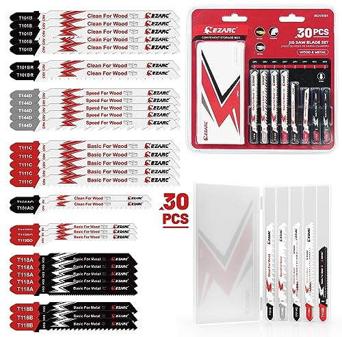 EZARC Juego de hojas de sierra de calar, 30 piezas con estuche de almacenamiento, hojas de sierra de calar de repuesto con vástago en T surtidas para cortar madera, plástico y metal