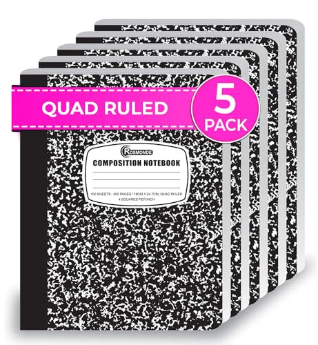 Rosmonde Graph Paper Composition Notebook, 5 Pack, 200 Pages (100 Sheets), Quad Ruled Composition Notebook, Graph Notebooks, 4x4 Grid Composition Notebook, Black Marble, Sewn Hard Cover, 9-3/4 x 7-1/2