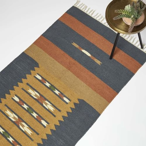 Homescapes Lundi Blue Teppichläufer Jute Baumwolle orange-blau 80x180 cm, Fransen-Teppich handgewebt, Kelim Läufer geometrisch