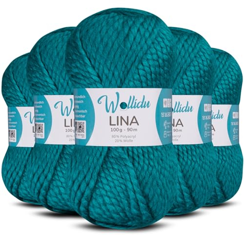 Wollidu Lina Wolle zum Stricken und Häkeln 500g 80% Polyacryl 20% Schafwolle Mulesing-frei Oeko-Tex 5x 100g/90m Häkelwolle/Strickwolle - Petrolblau