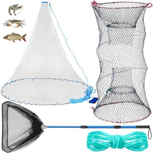 Windyun 3 Pcs Fishing Cast Net with Heavy Duty Sinker Portable Folded Lobster Crab Trap Fishing Net with Long Robust Telescopic Handle Freshwater Saltwater Bait Fishing Accessories (6 Ft)