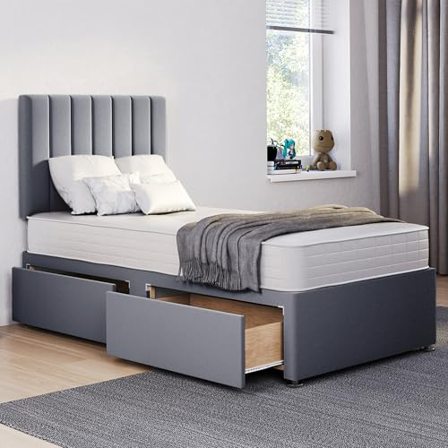 ComfoRest 3FT Single Bed with Mattress and storage drawers (x2) – Grey divan base and 24 inch Stripe headboard – orthopaedic, medium-firm 3FT mattress, UK made
