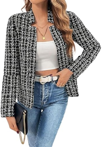 Women's Fall Business Plaid Tweed Blazer Jacket,Elegant Long Sleeve Slim Work Blazers,Notch Collar Cardigans (Black and White,M)
