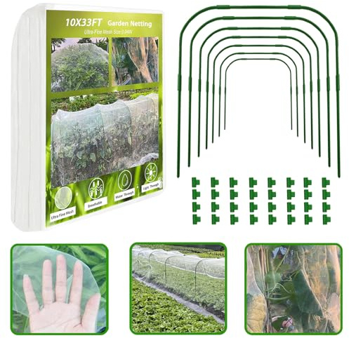 Garden Netting Kit, 8 Pack Garden Hoops and 3x10M Ultra Fine Garden Mesh for Raised Beds, Plant Net for Vegetable Fruits Crops Row Cover Barrier Protection Net for Animals