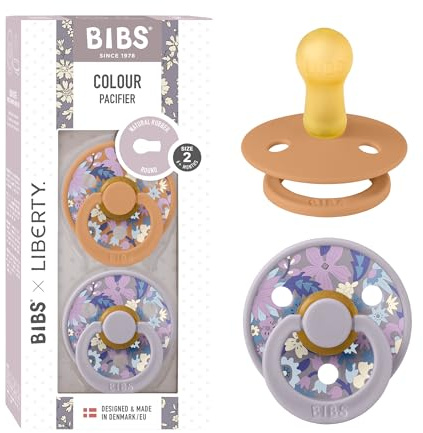 BIBS Liberty Dummies | 2 Colour Natural Rubber Latex Soothers | BPA Free Dummy | Round Nipple Pacifier | Designed & Made in Denmark | June Blossom Pumpkin Mix | Size 2 | 6+ Months