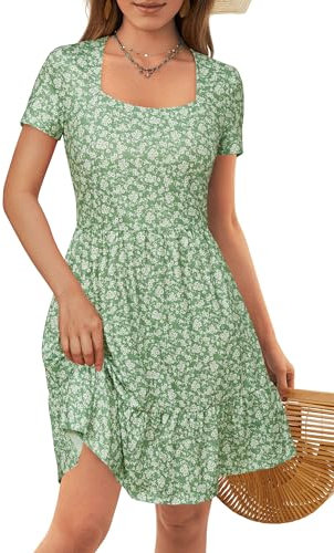 VOTEPRETTY Women's Summer Dress Short Sleeve Square Neck Floral Dress with Pockets Beach Holiday Sundress L