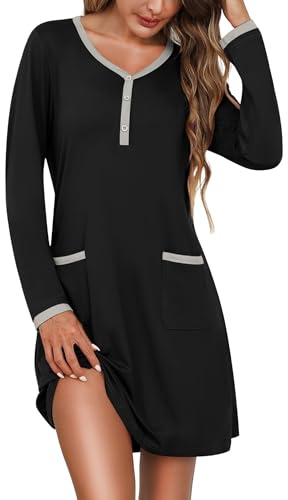 Litherday Camicia da Notte Donna Cotone Manica Lunga Tasche Bottoni Casa | Cotone morbido, scollo con bottoni, manica lunga, tasche frontali, vestibilità comoda, lavaggio facile, casa notte e relax