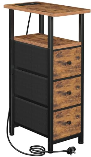 LOAKEKEL Slim Bedside Table with Charging Station, Narrow Side Table with 3 Fabric Drawers, Small Sofa Table with Open Storage Shelf, Nightstand for Small Spaces, Living Room, Brown UHETNDP03BR-1