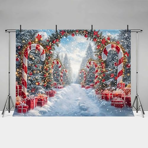 MEHOFOND Toile de fond Merry Christmas de 2,4 x 1,8 m - Cane Candy - Pour photographie d'hiver - Scène de neige - Arbre de Noël - Nouvel An - Décoration de fête - Bannière de vacances - Accessoires de