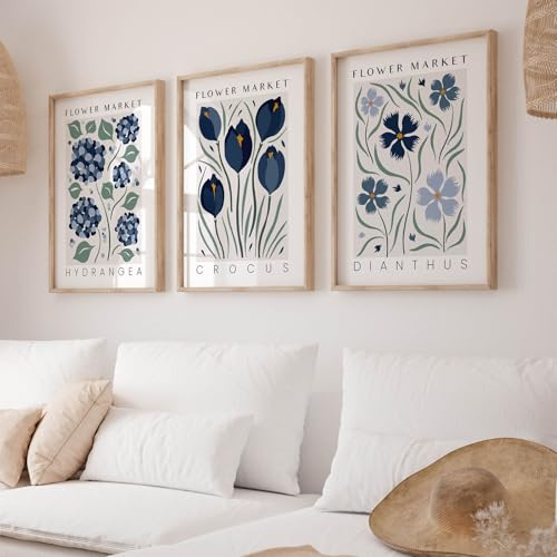 Genérico Conjunto de 3 carteles, lienzos de flores azules bohemias, cuadros de pared de arte abstracto moderno, decoración vintage para dormitorio o sala de estar, sin marco (50 x 70 cm)