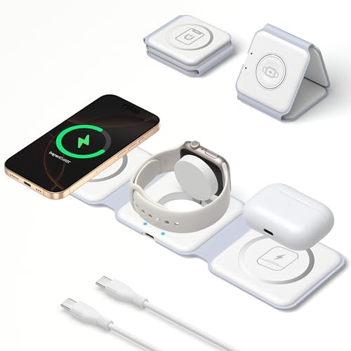 Chargeur Induction iPhon, Chargeur Induction sans Fil - 3 en 1 Pliable Station de Magsafe Charger Station de Charge Rapide pour Apple Watch 10/9/8/Ultra/7/6/5/SE, iPhon Air/17/16/16e/15/14/13/12