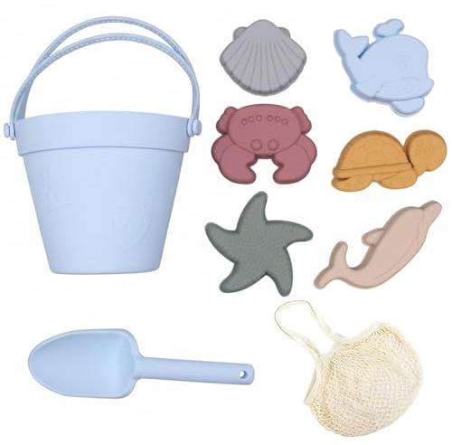 Set di giocattoli da spiaggia per bambini in morbido silicone con pala, secchio e stampi per la sabbia, rete in rete portatile per un facile trasporto e stoccaggio, giocattolo con sabbiera per b