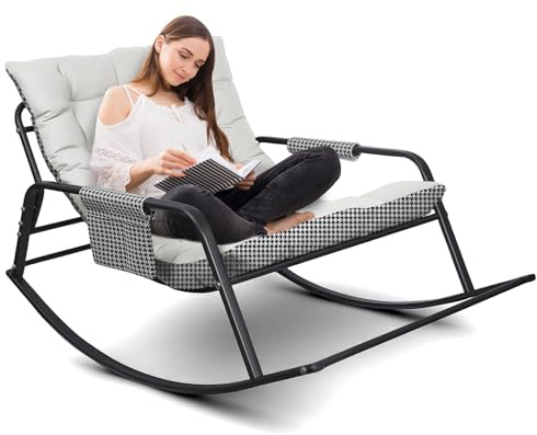 Plasaig Silla Mecedora, Carga 150 kg, Sillon Mecedora Salon Extra Grande con Cojín Acolchado, Rocking Chair Marco de Metal, Sillón Relax para Adulto Salón, Dormitorio, Interior y Exterior (Beige)