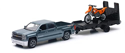 NewRay Toys 1:43 Chevy Silverado Pick Up Truck with Trailer and Dirt Bike