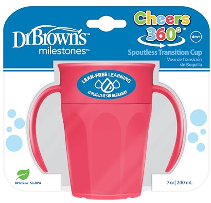 Dr. Brown's Milestones Cheers 360 Cup Spoutless Transition Cup with Handles for Easy Grip & Leak-Free Learning, Pink, 7oz/200mL, 6m+ (Colors May Vary)